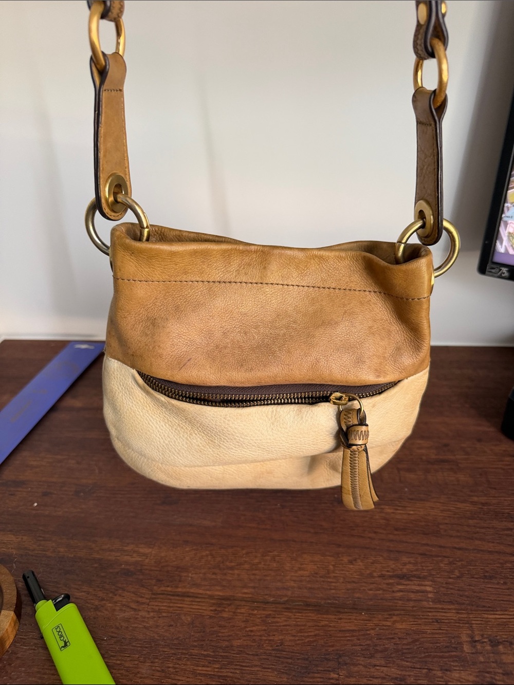 b. makowsky Two-Tone Tan and Cream Leather Crossbody with Tassel